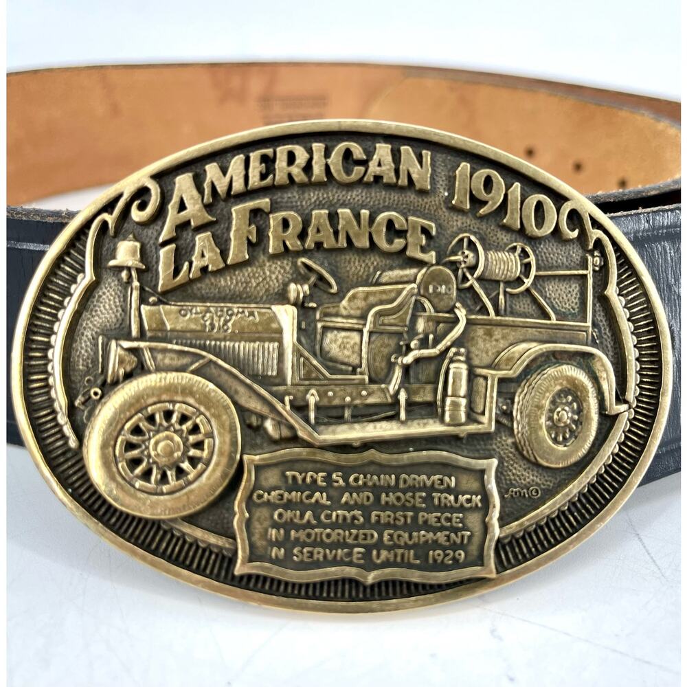 American La France 1910 Special Edition Fireman's Brass Belt Buckle leather belt